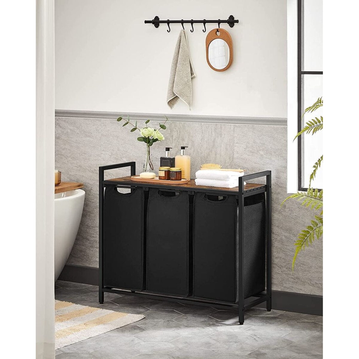 Szafka Łazienkowa / Kosz 92,5X33X71 Cm Rustykalny Brąz, Czarny