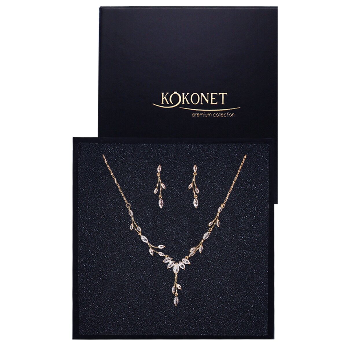 Komplet biżuterii kolia kolczyki ozdobne złote listki CYRKONIE jakość BOHO