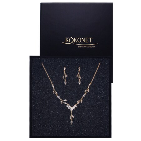 Komplet biżuterii kolia kolczyki ozdobne złote listki CYRKONIE jakość BOHO