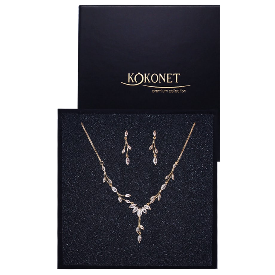 Komplet biżuterii kolia kolczyki ozdobne złote listki CYRKONIE jakość BOHO