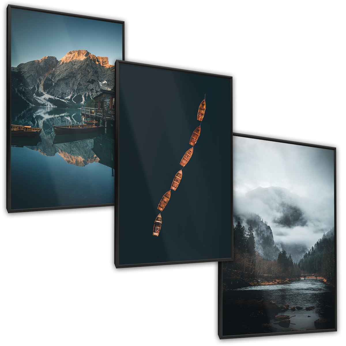 ZESTAW 3x Plakat W Ramie Łódki Na Górskim Jeziorze Efekt 3D 60x80cm