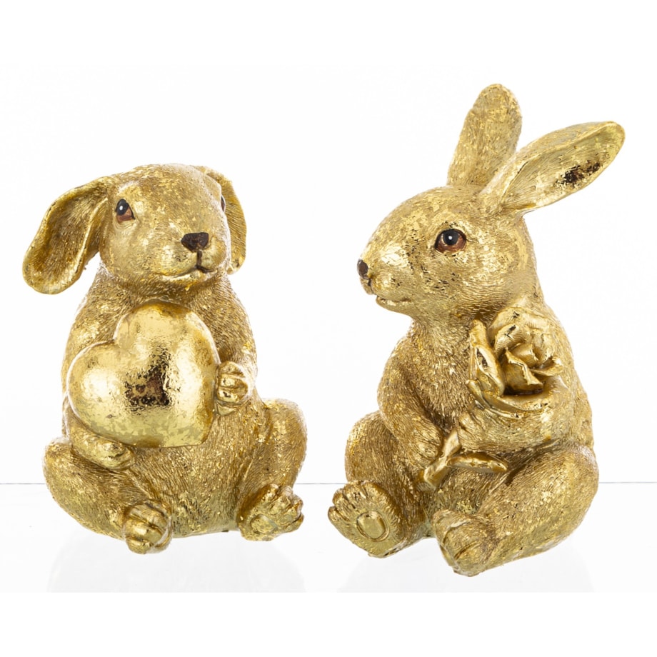 Dekoracja - Para siedzących złotych królików12x7,5x9 i 11x8x8 cm z różą i sercem