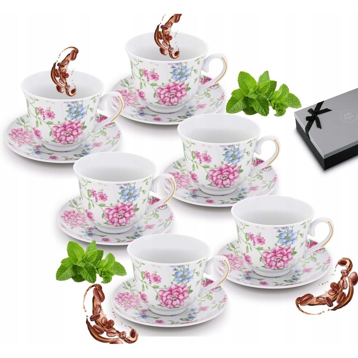 W PUDEŁKU Komplet filiżanek do kawy 250 ml NA PREZENT 6szt W KWIATY dekor