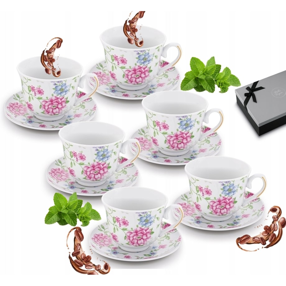 W PUDEŁKU Komplet filiżanek do kawy 250 ml NA PREZENT 6szt W KWIATY dekor