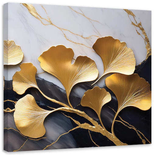 Stylowy Obraz na płótnie na ścianę Kwiaty Ginko Botanika Marmur Szaro Złoty 60x60