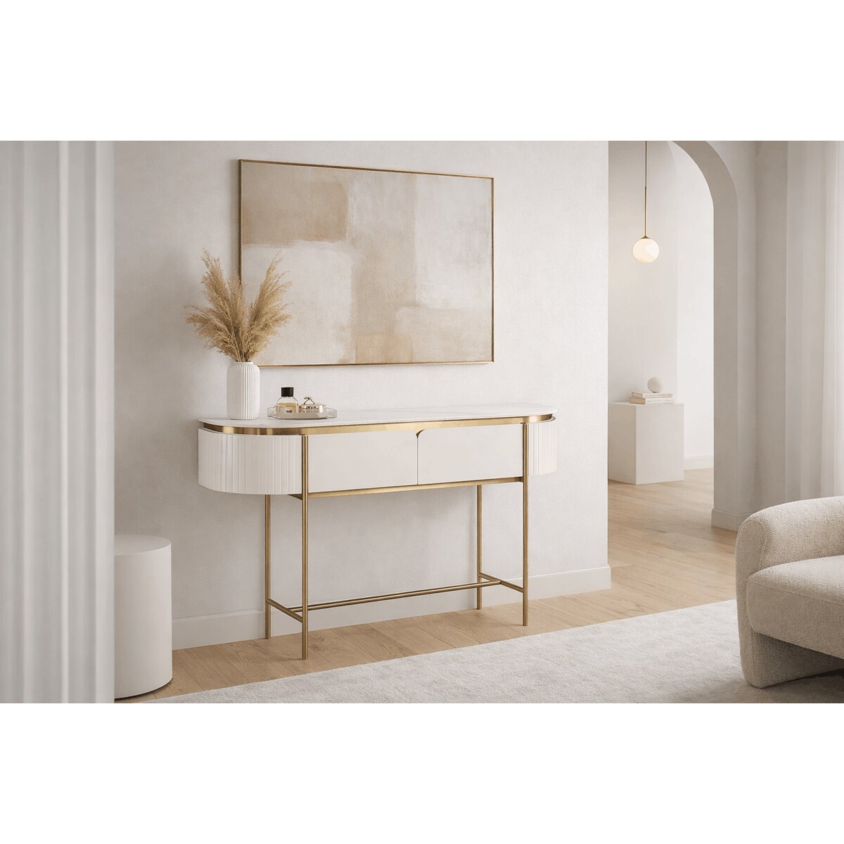 Konsola glamour ecru złota Bueno z marmurem 140x36x86