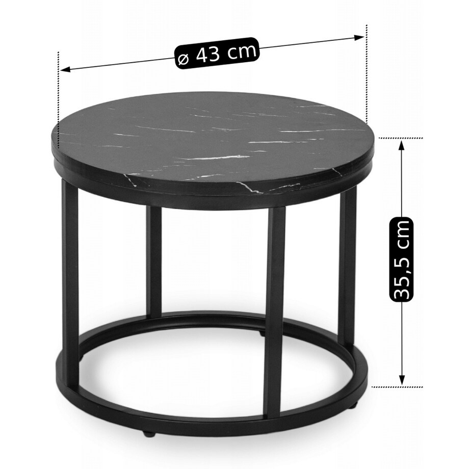 Zestaw Stolik Kawowy Okrągły 2w1 Ława Do Salonu Loft Czarny Marmur MAURO