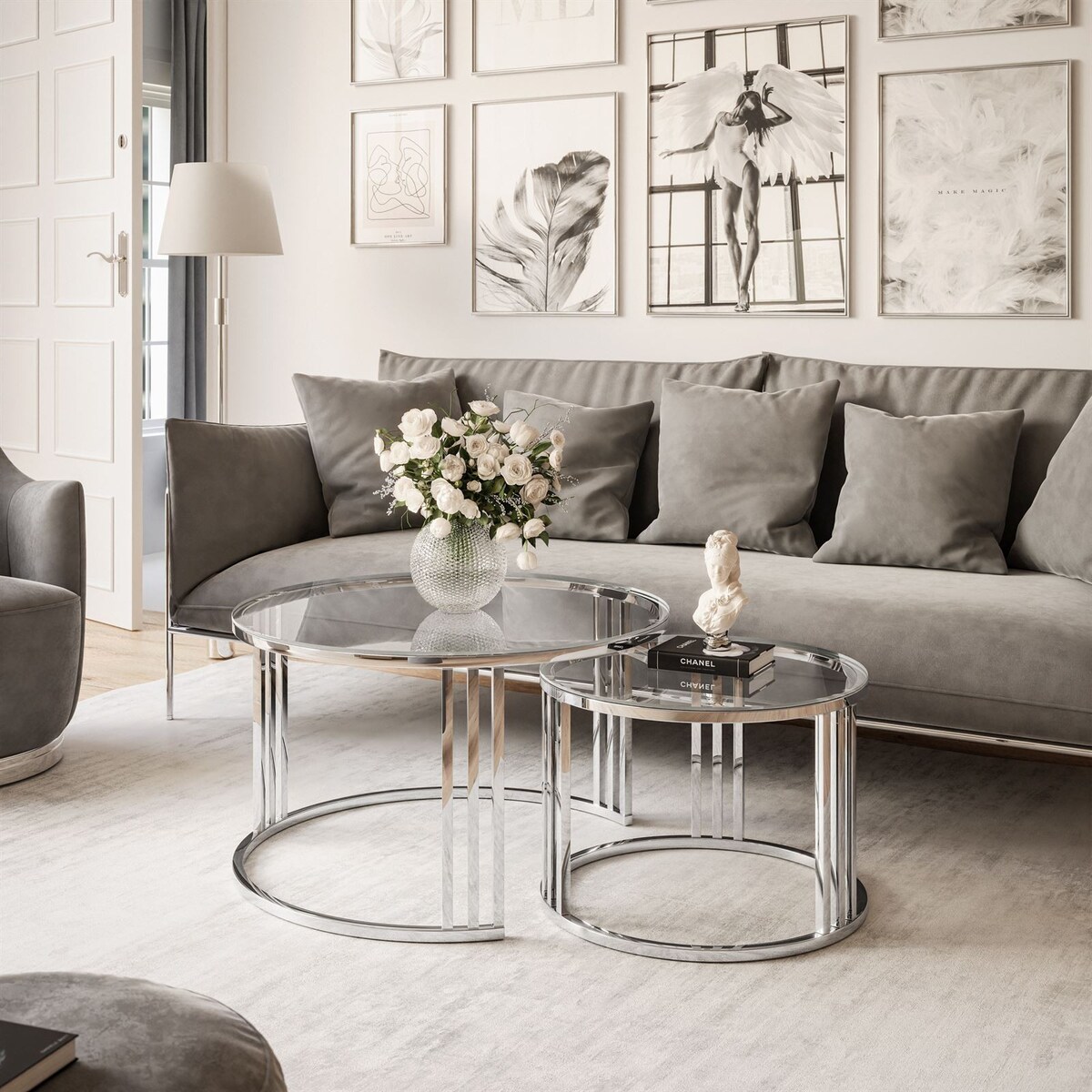 Stolik LORI 2w1 chrom przeźroczyste szkło