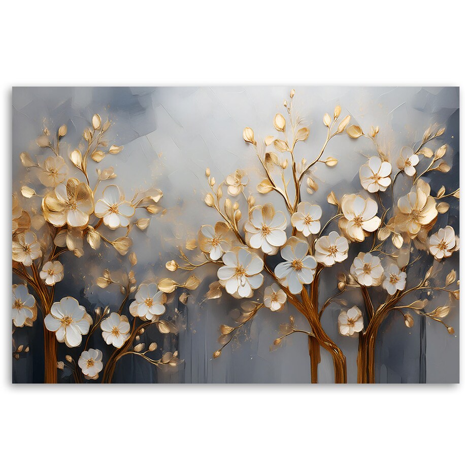 Obraz na ścianę do salonu Drzewo Magnolia Kwiaty Abstrakcja Złoty 100x70