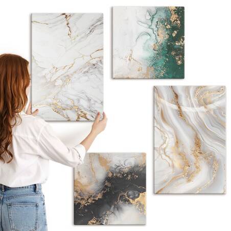 Zestaw 4 obrazów na płótnie - Abstrakcyjne wzory biel czerń zieleń - biały