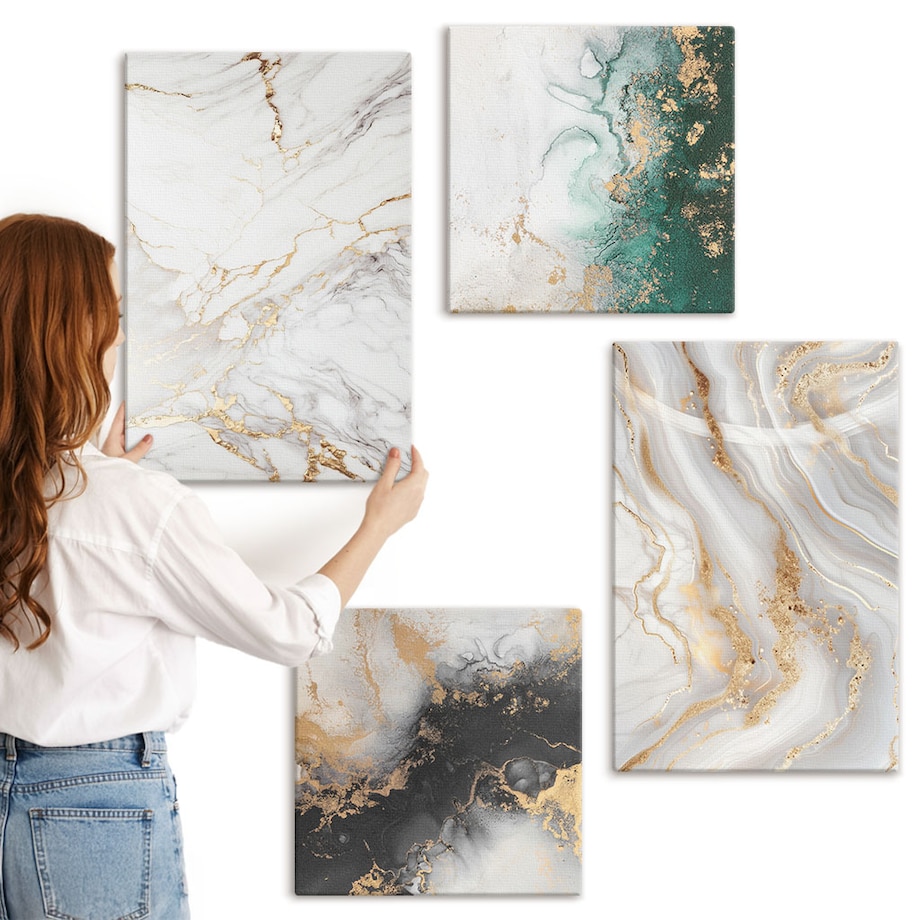 Zestaw 4 obrazów na płótnie - Abstrakcyjne wzory biel czerń zieleń - biały