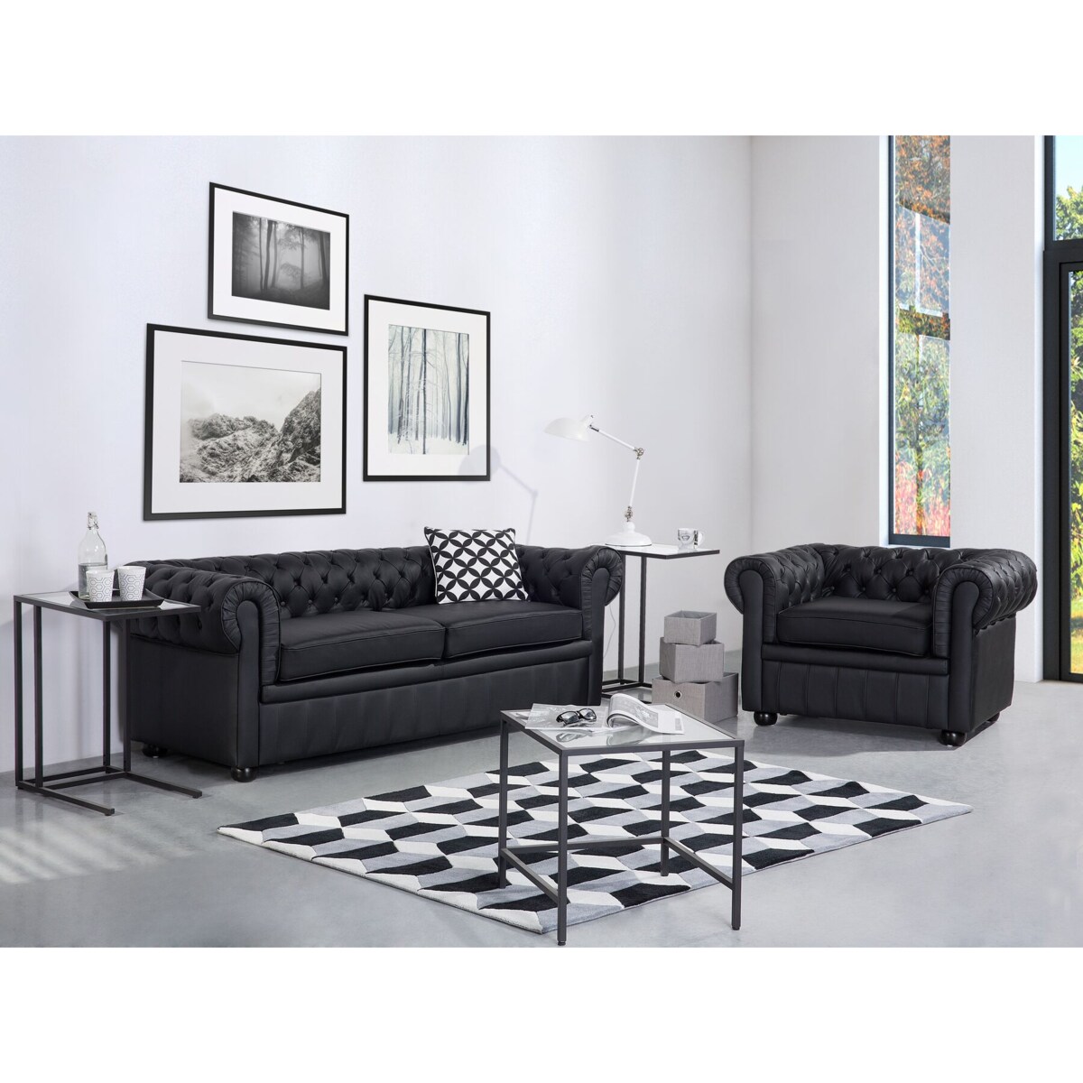Sofa 3-osobowa skórzana czarna CHESTERFIELD