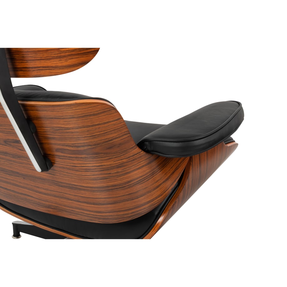 Fotel LOUNGE HM PREMIUM SZEROKI z podnóżkiem czarny - sklejka różana, skóra naturalna