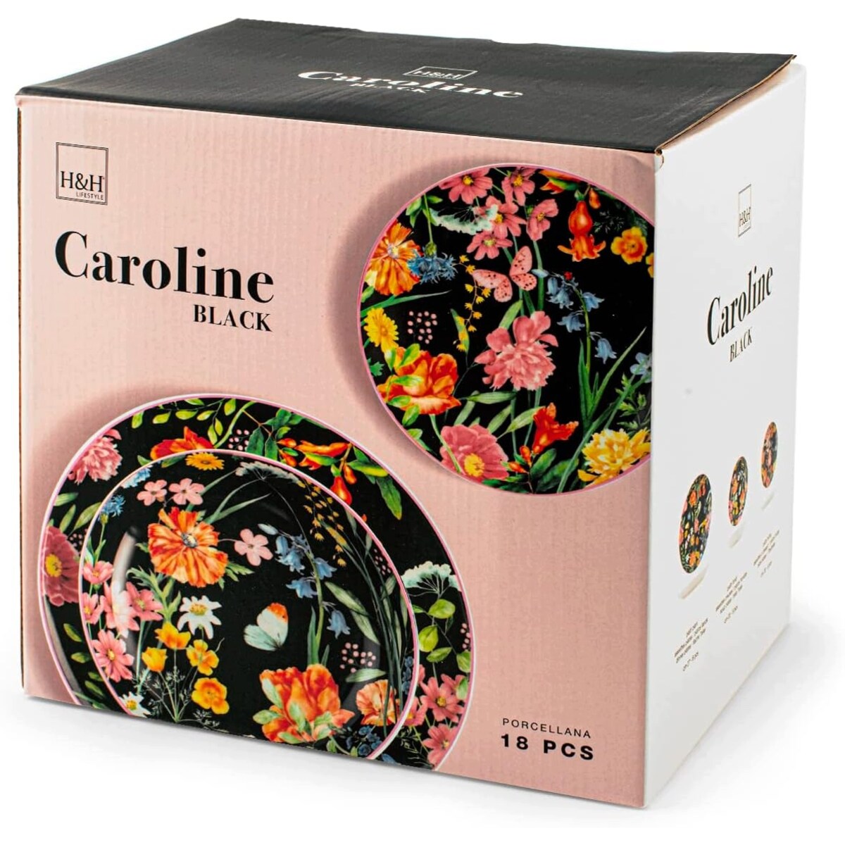 Serwis obiadowy Pengo H&H włoskie talerze na 6osób czarne w kwiaty porcelan