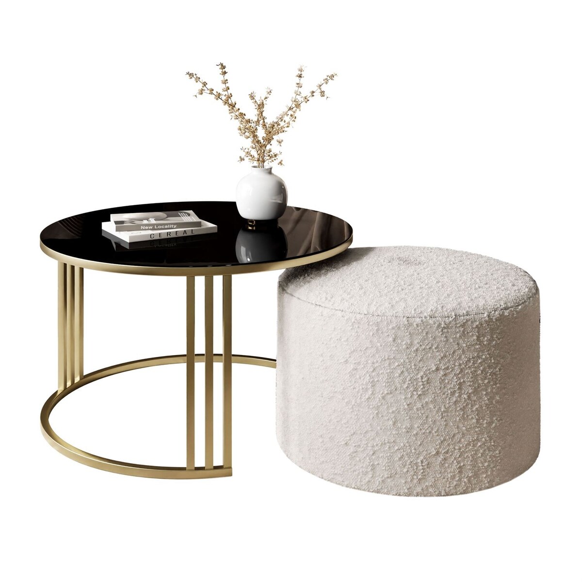Stolik kawowy z pufą LORI GLASS złoto szczotkowane, czarne szkło / Coral 65