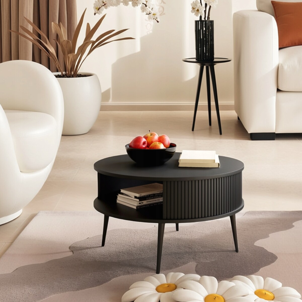 Stolik Kawowy CZARNY Lamele Okrągły VERLO 76 cm Loft Nowoczesny PREMIUM