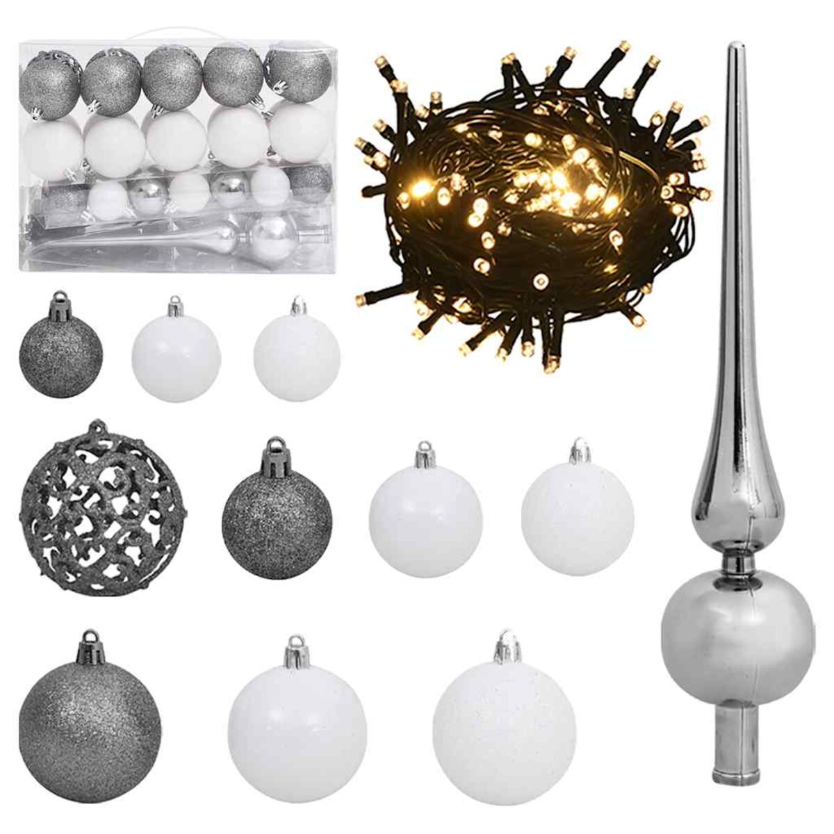 vidaXL Sztuczna choinka na zawiasach, 150 lampek LED i bombki, 120 cm