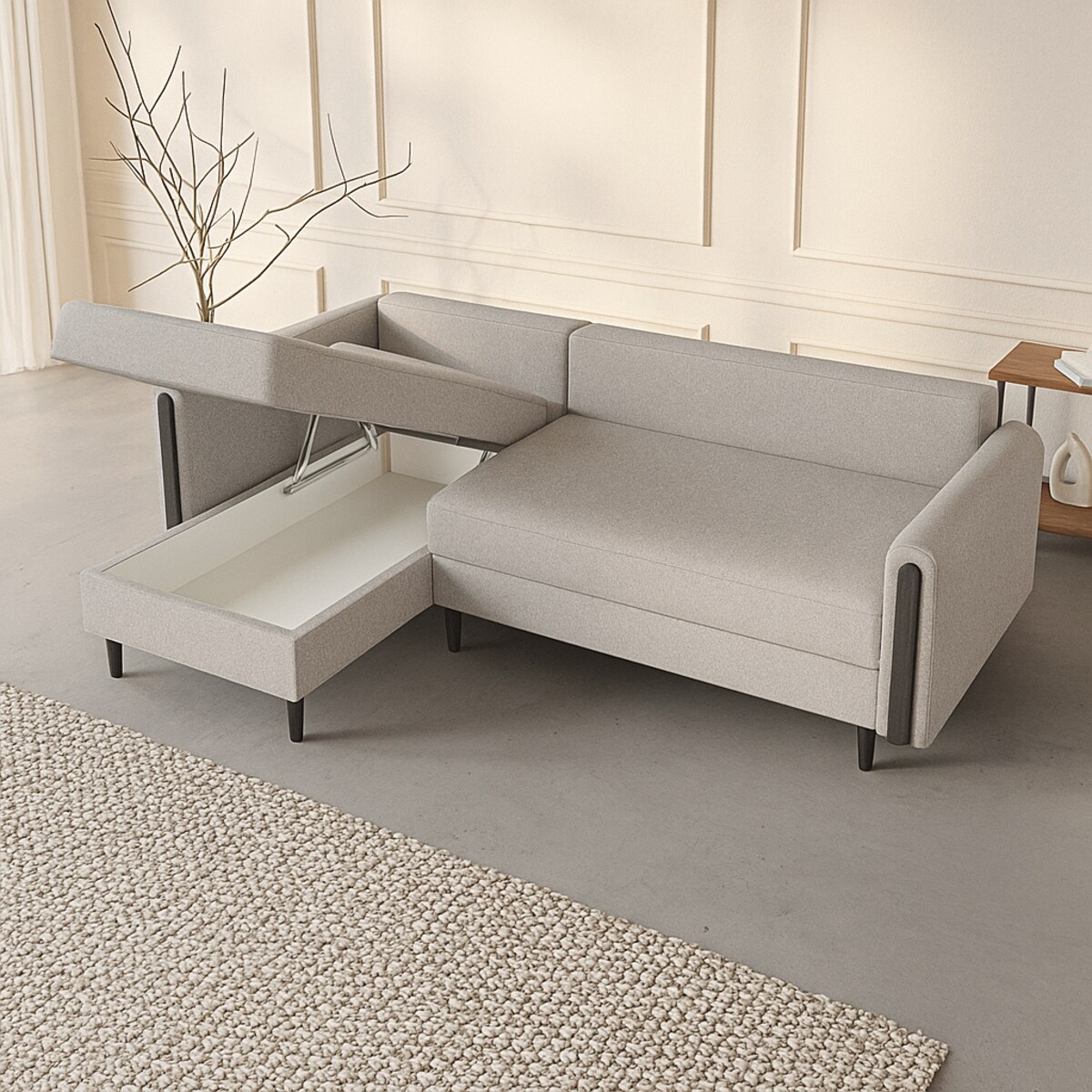 Wygodny narożnik GALOS - beżowy-drewno wenge - lewostronny