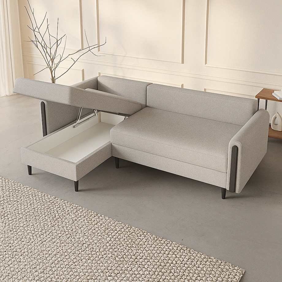 Wygodny narożnik GALOS - beżowy-drewno wenge - lewostronny