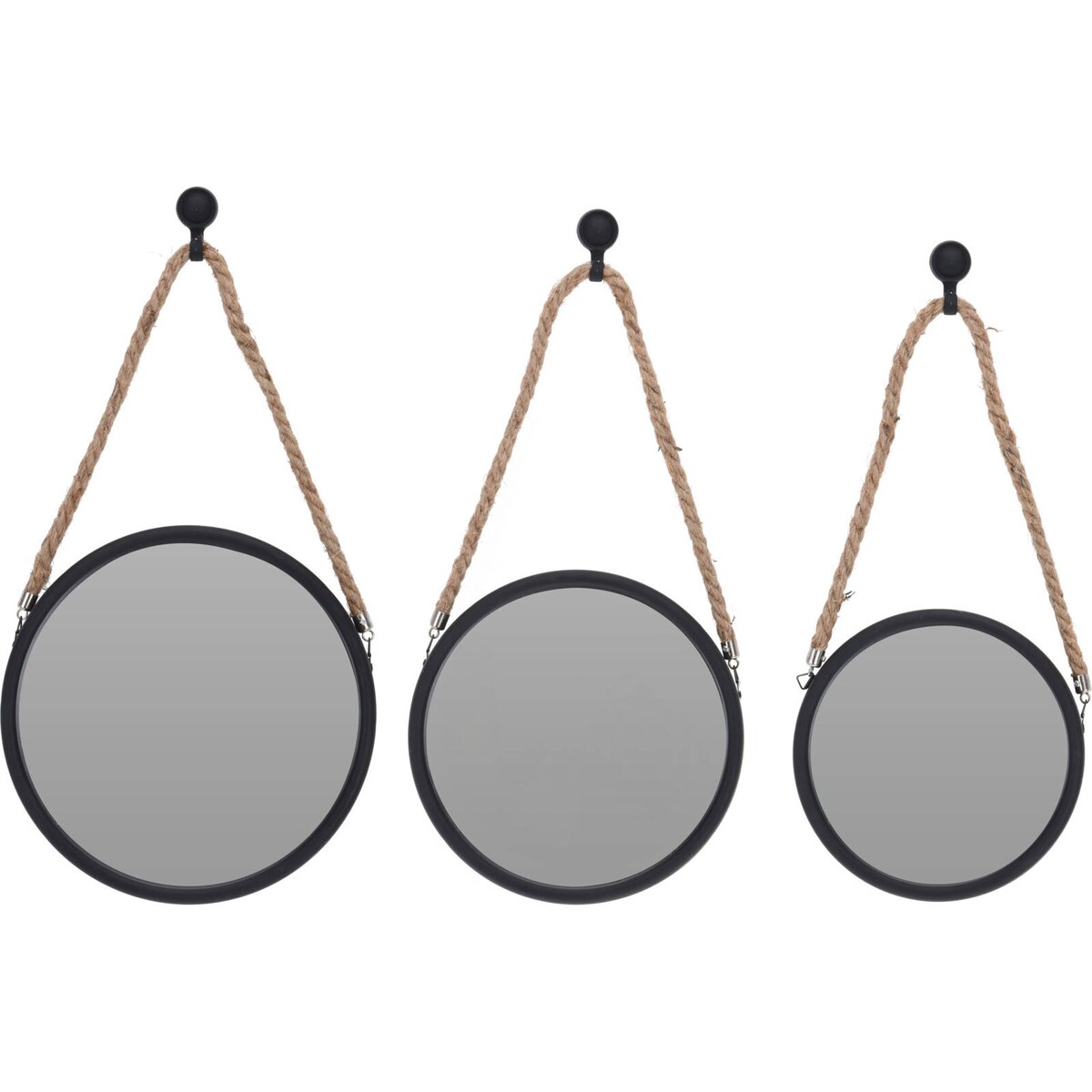 Okrągłe lustra w czarnych ramach, na sznurach, 3 sztuki