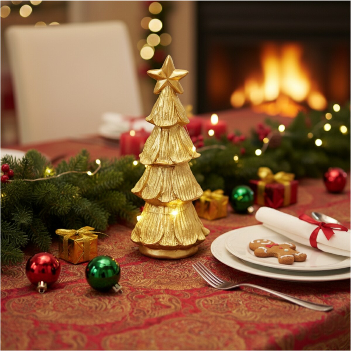 Choinka Led Złota Świecąca Figurka 15,5 Cm Ozdobna Dekoracja Świąteczna Na Baterie