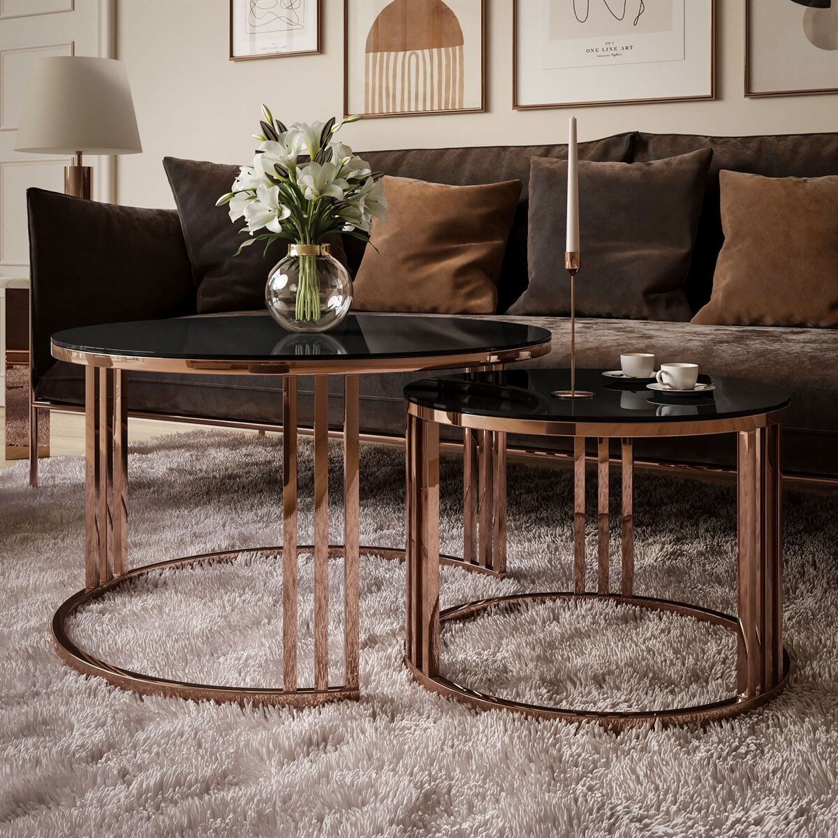 Zestaw stolików kawowych LORI 2w1, miedziana podstawa, czarne szkło