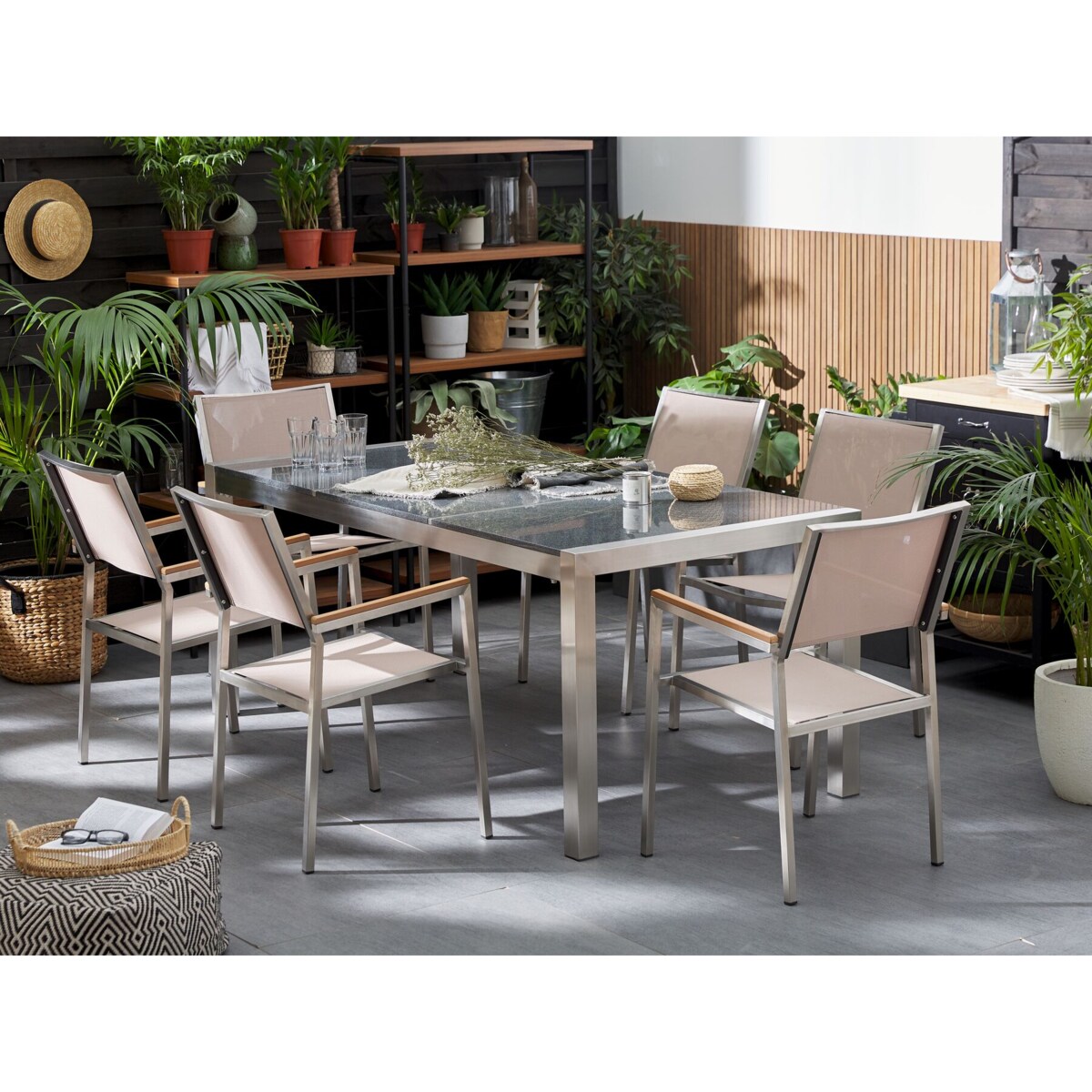 Zestaw ogrodowy dla 6 osób GROSSETO Blat dzielony Granit Polerowany Szary/ beżowy