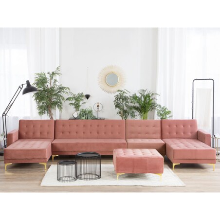 Narożnik rozkładany 6-osobowy z otomaną welurowy różowy ABERDEEN