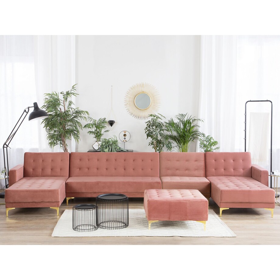 Narożnik rozkładany 6-osobowy z otomaną welurowy różowy ABERDEEN