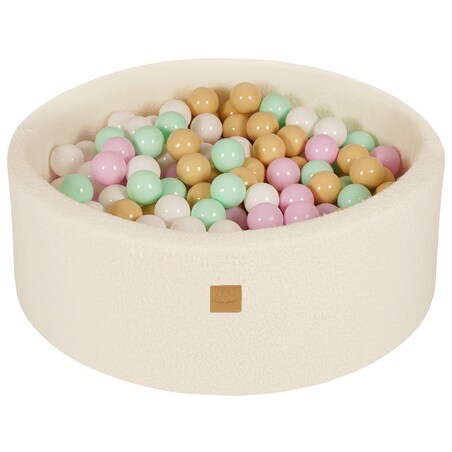MeowBaby® Boucle Biały Okrągły Suchy Basen 90x30cm dla Dziecka, piłki: Pastelowy Róż/Mięta/Biały/Beż