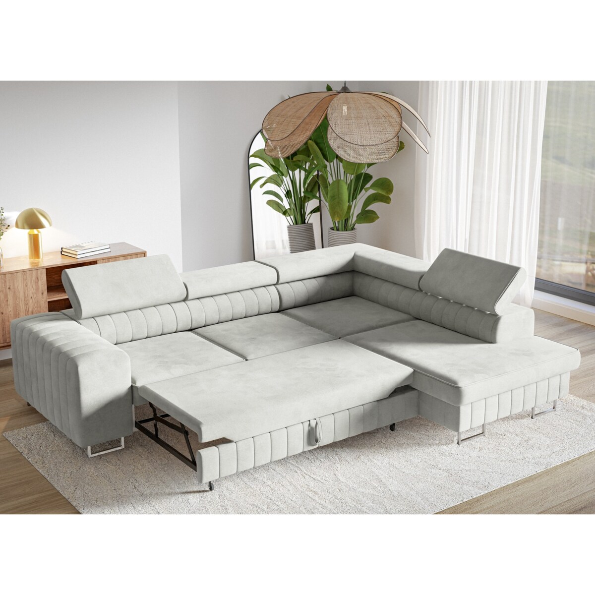 Narożnik NOLA do salonu, na srebrnych nogach-prawostronny-Matt Velvet szary