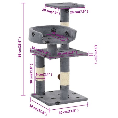 vidaXL Drapak dla kota ze słupkami sizalowymi, 65 cm, szary w łapki