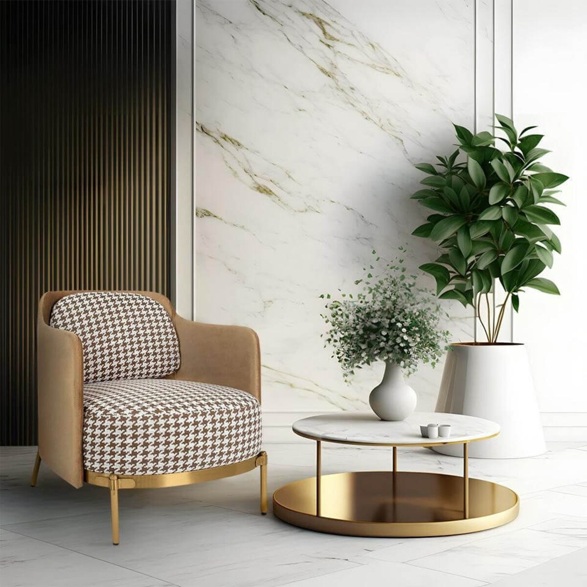 Wygodny fotel do salonu Venice KH1501100158 pepitka brązowy złoty, King Home