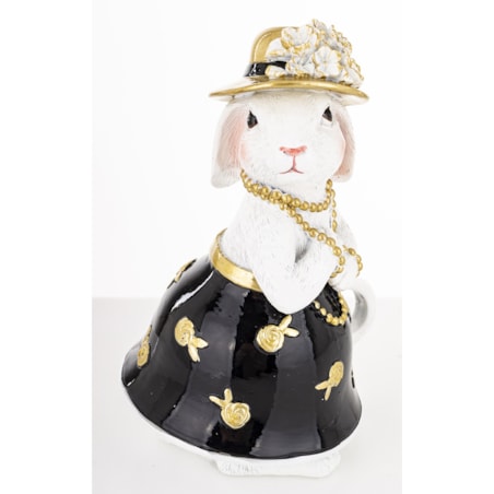 Dekoracja - biała króliczka w złotym kapeluszu 17x10x9 cm czarna spódniczka