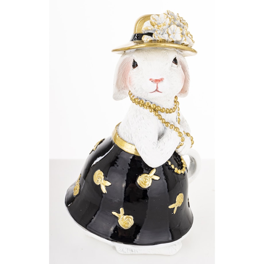 Dekoracja - biała króliczka w złotym kapeluszu 17x10x9 cm czarna spódniczka