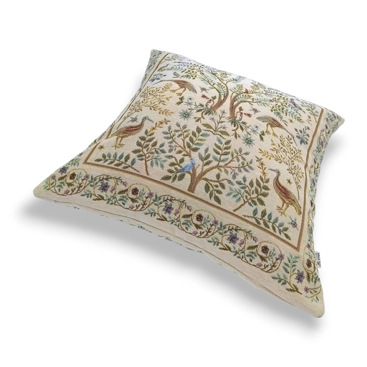 Dwustronna poduszka gobelinowa w czaple i folkowe motywy roślinne 45x45