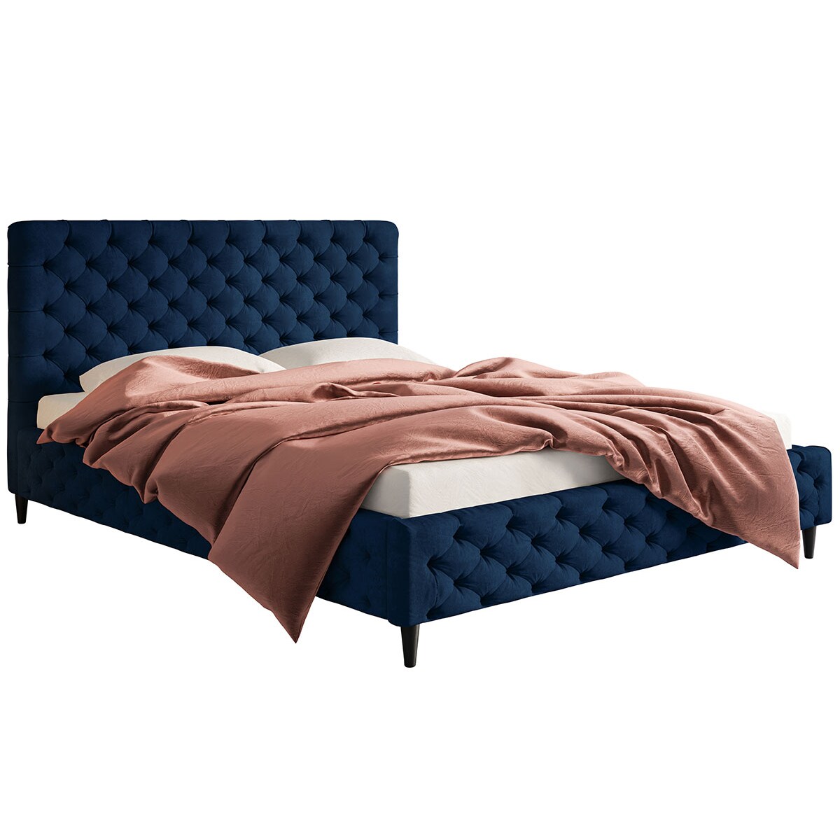 Łóżko tapicerowane 120x200 LUXO 5 pikowane, na drewnianych nogach-granatowe