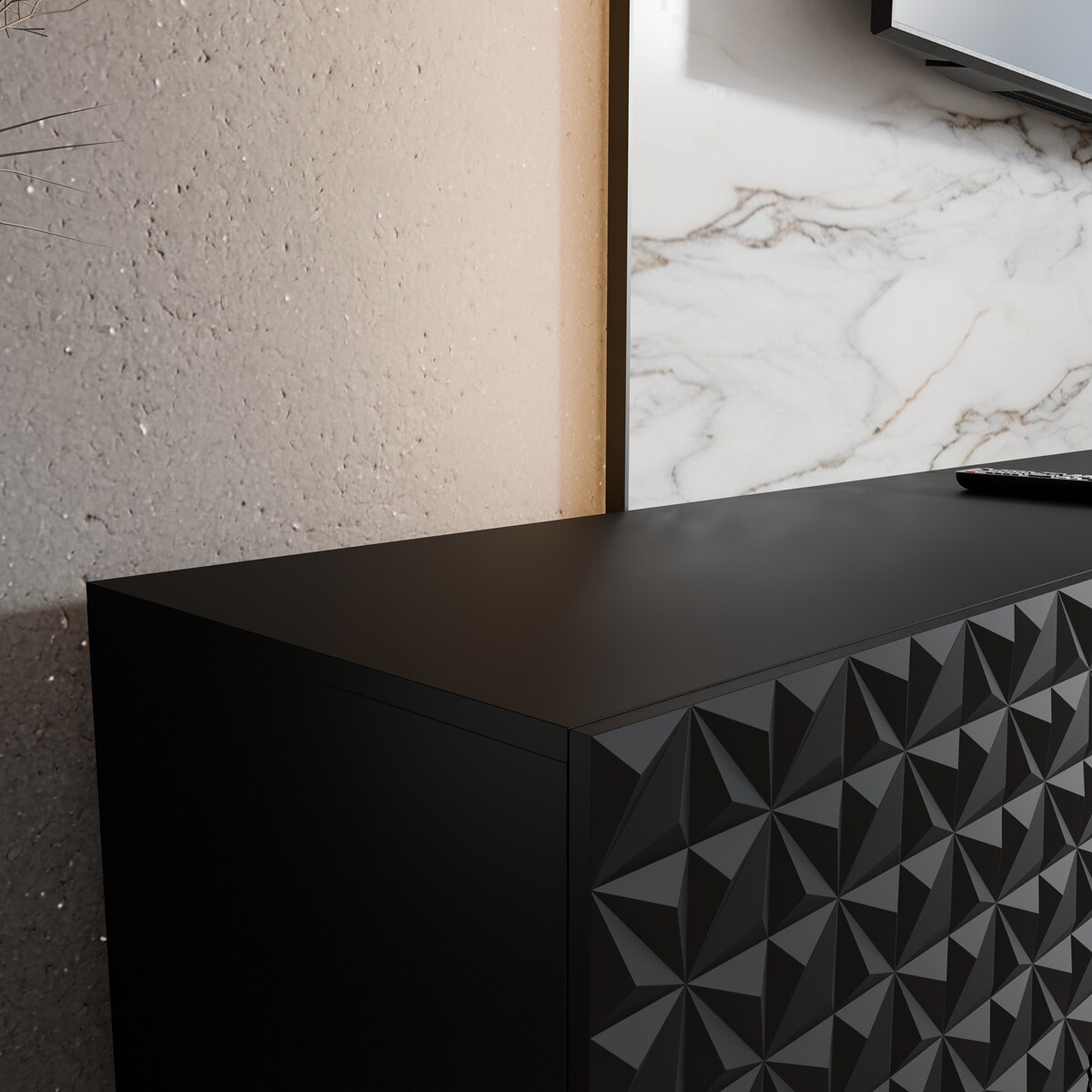 Szafka RTV ALI 300 cm zamknięta z ozdobnymi frontami, do salonu- czarna