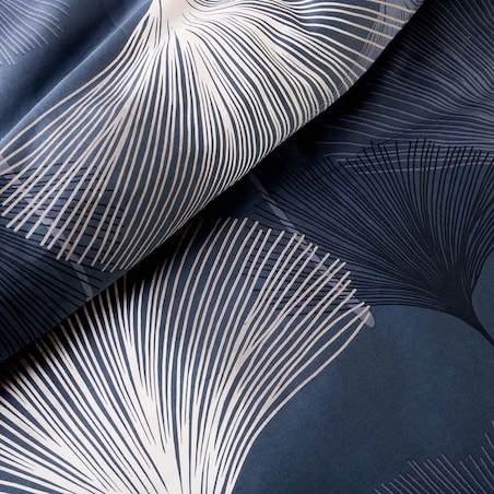 Pościel satyna bawełniana 160x200 Lunavia liście miłorzębu na niebieskim tle, Satynlove