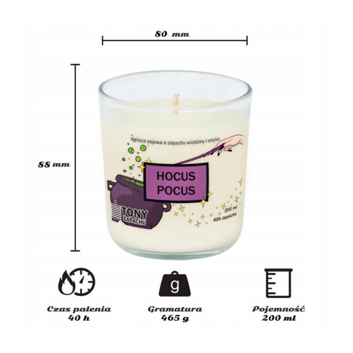 Świeca sojowa Hocus Pocus o niebanalnym zapachu onyxu i wiedźmy, w szklanym naczyniu, idealna jako halloweenowy podarunek dla najbliższych, 300ml