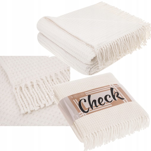 Koc Narzuta Pled miękki na Łóżko Wafel Bawełniany Naturalny 150 x 200 Ciepły
