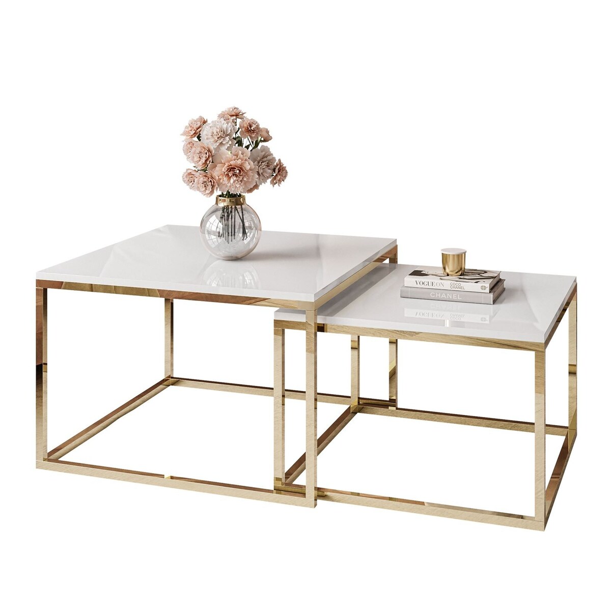 Stolik kawowy YOSHI 2w1 złoty chrom biały połysk