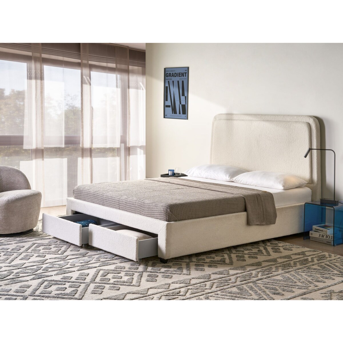 Łóżko z szufladami Boucle SARDENT 160 x 200 cm Złamana biel