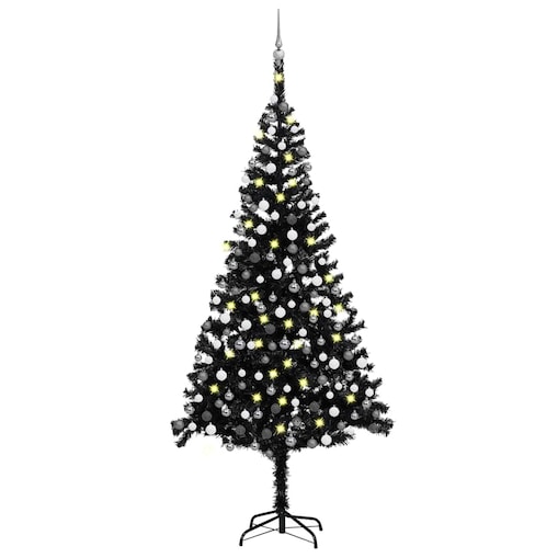 vidaXL Sztuczna choinka z lampkami i bombkami, czarna, 240 cm, PVC
