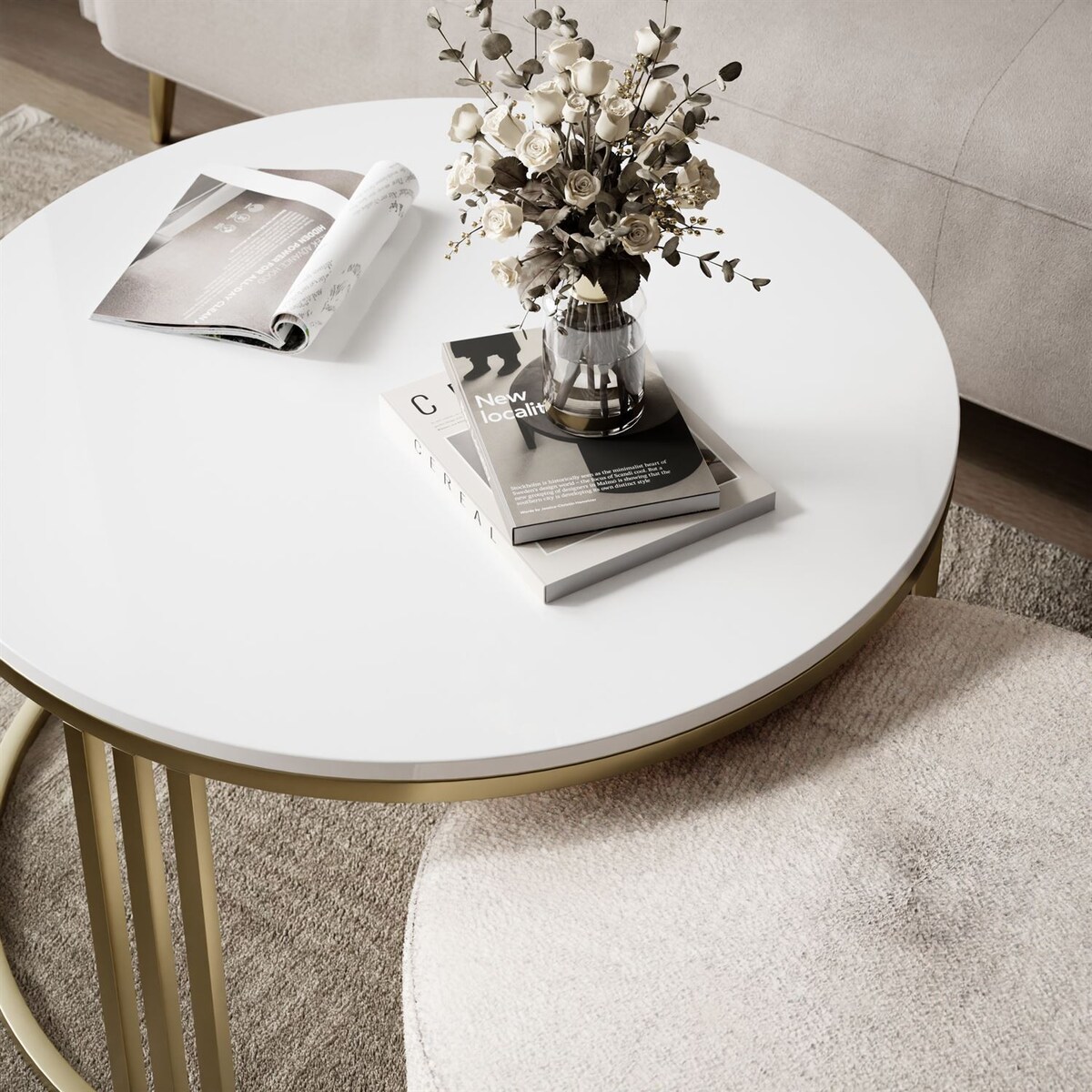 Stolik kawowy z pufą LORI POŁYSK złoto szczotkowane, biały / Perfect Harmony 01