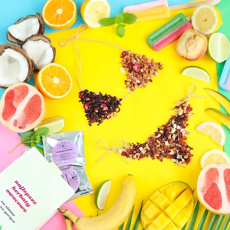 ZESTAW 10 ORZEŹWIAJĄCYCH HERBAT SYPANYCH OWOCOWYCH NA ZIMNO JAKO ICE TEA + ZAPARZACZ NA LATO - PREZENT UPOMINEK DLA FACETA KOBIETY NIEJ NIEGO