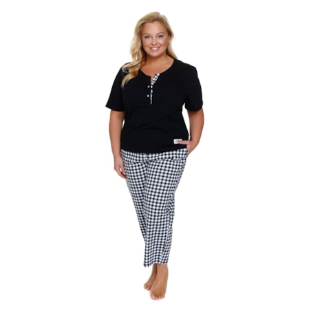 Czarna piżama damska ze spodniami w kratkę