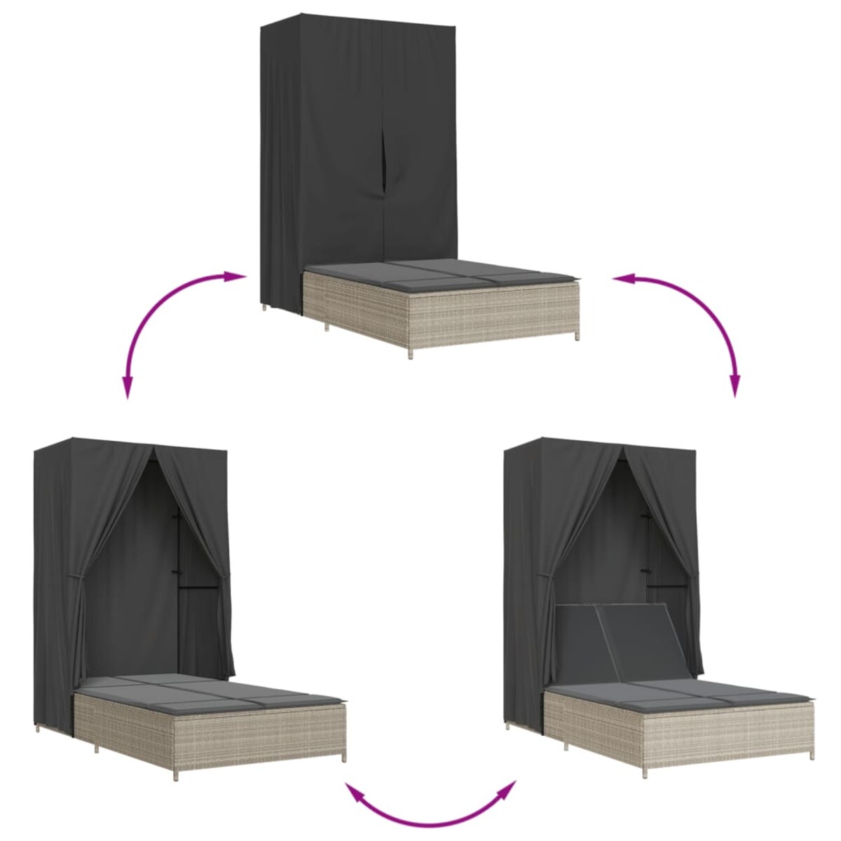 vidaXL Podwójna leżanka z daszkiem i zasłonami, jasnoszary polirattan