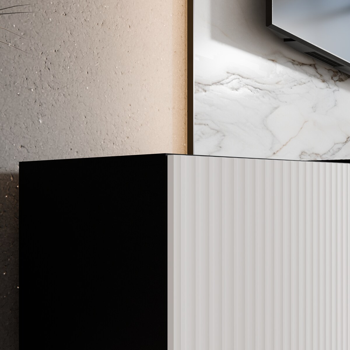 Szafka RTV NOELI 300 otwarta z półkami do salonu, ryflowana-czerny+biały