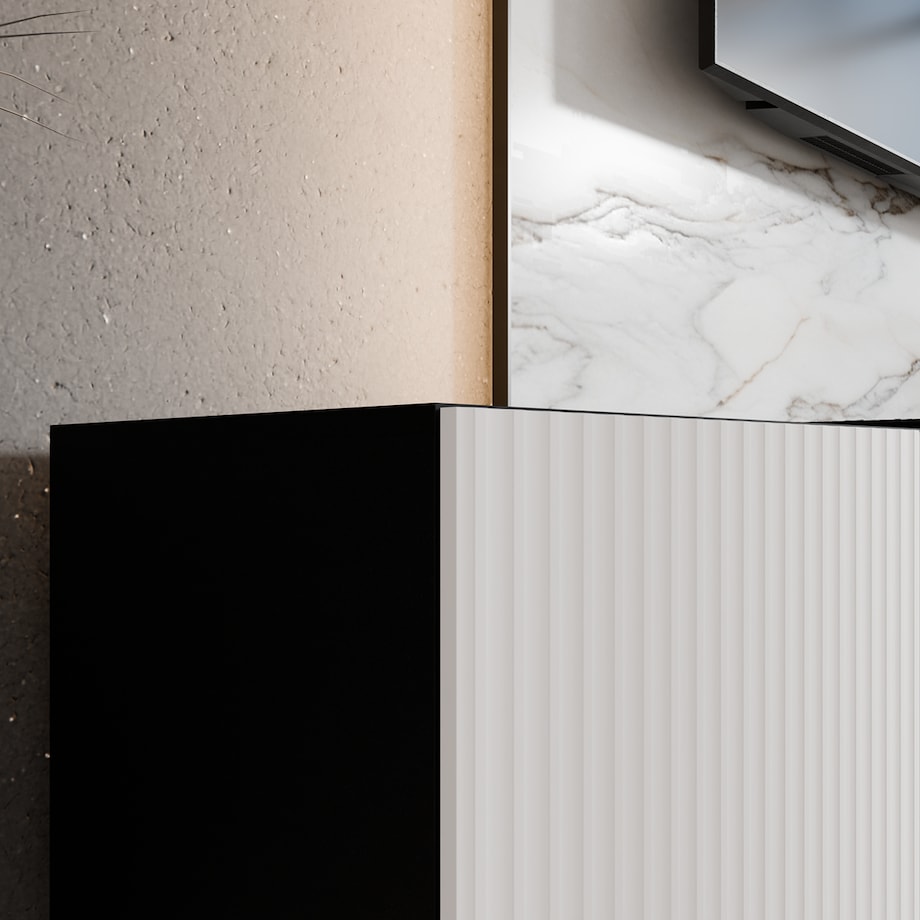 Szafka RTV NOELI 300 otwarta z półkami do salonu, ryflowana-czerny+biały